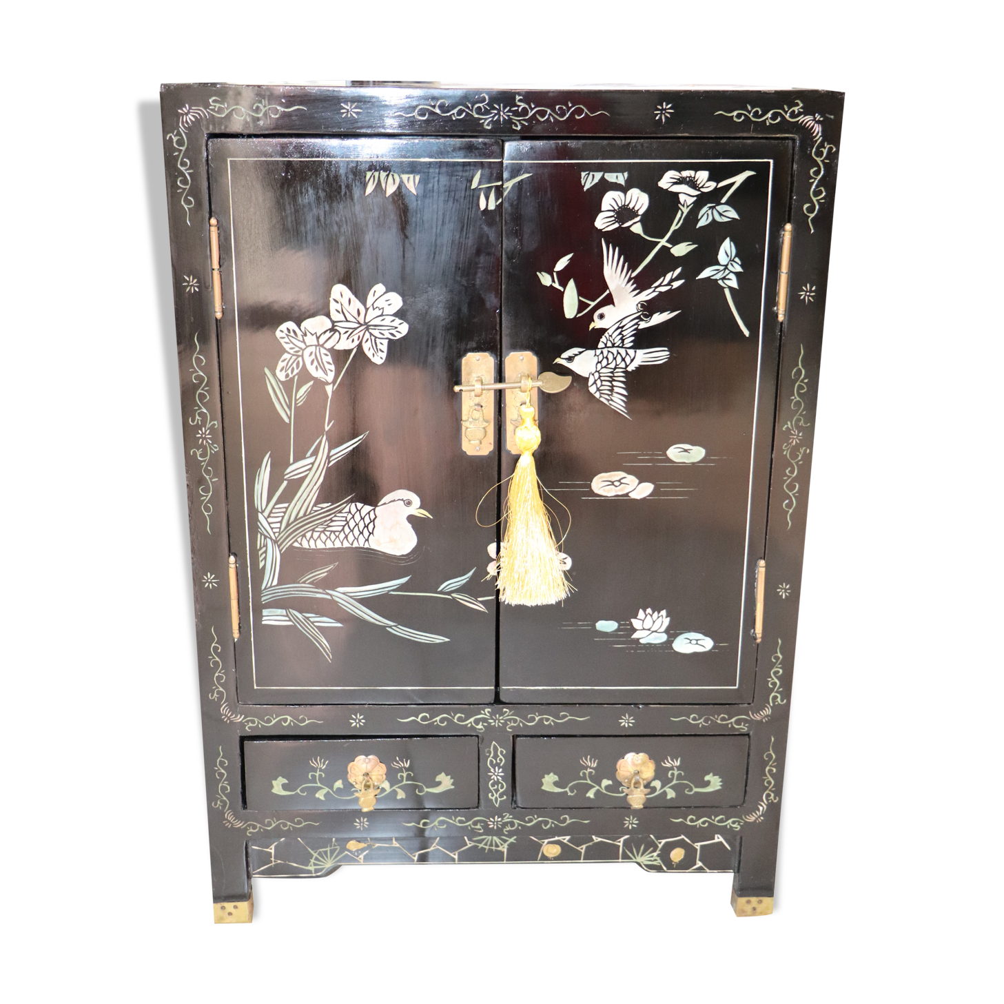 Small storage cabinet or bedside table lacquered black incised and painted