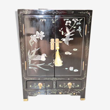 Small storage cabinet or bedside table lacquered black incised and painted