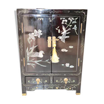 Small storage cabinet or bedside table lacquered black incised and painted