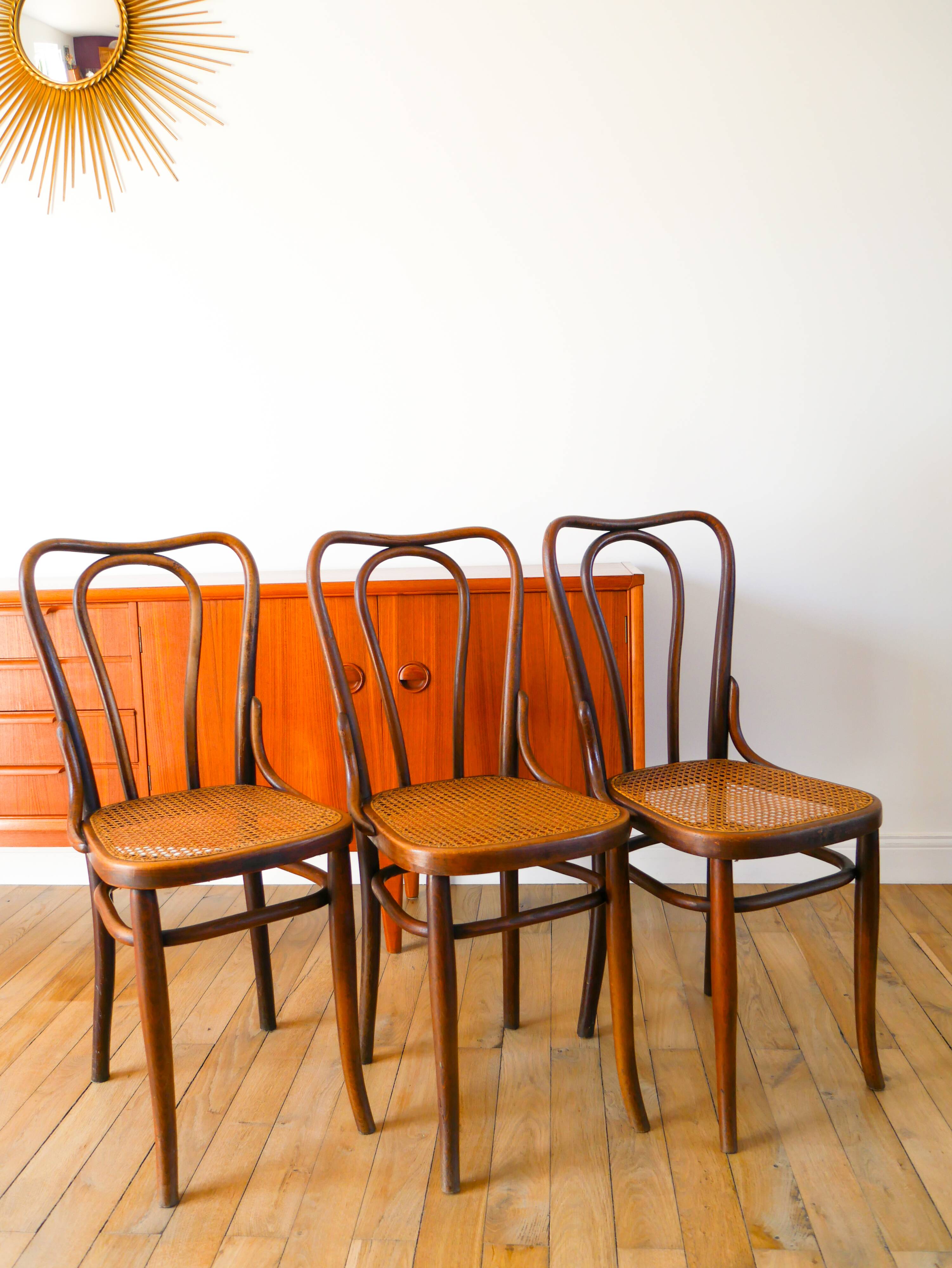 Set of 3 bistro chairs in wood and canework signed J. Kohn, Made in Austria, 20th century