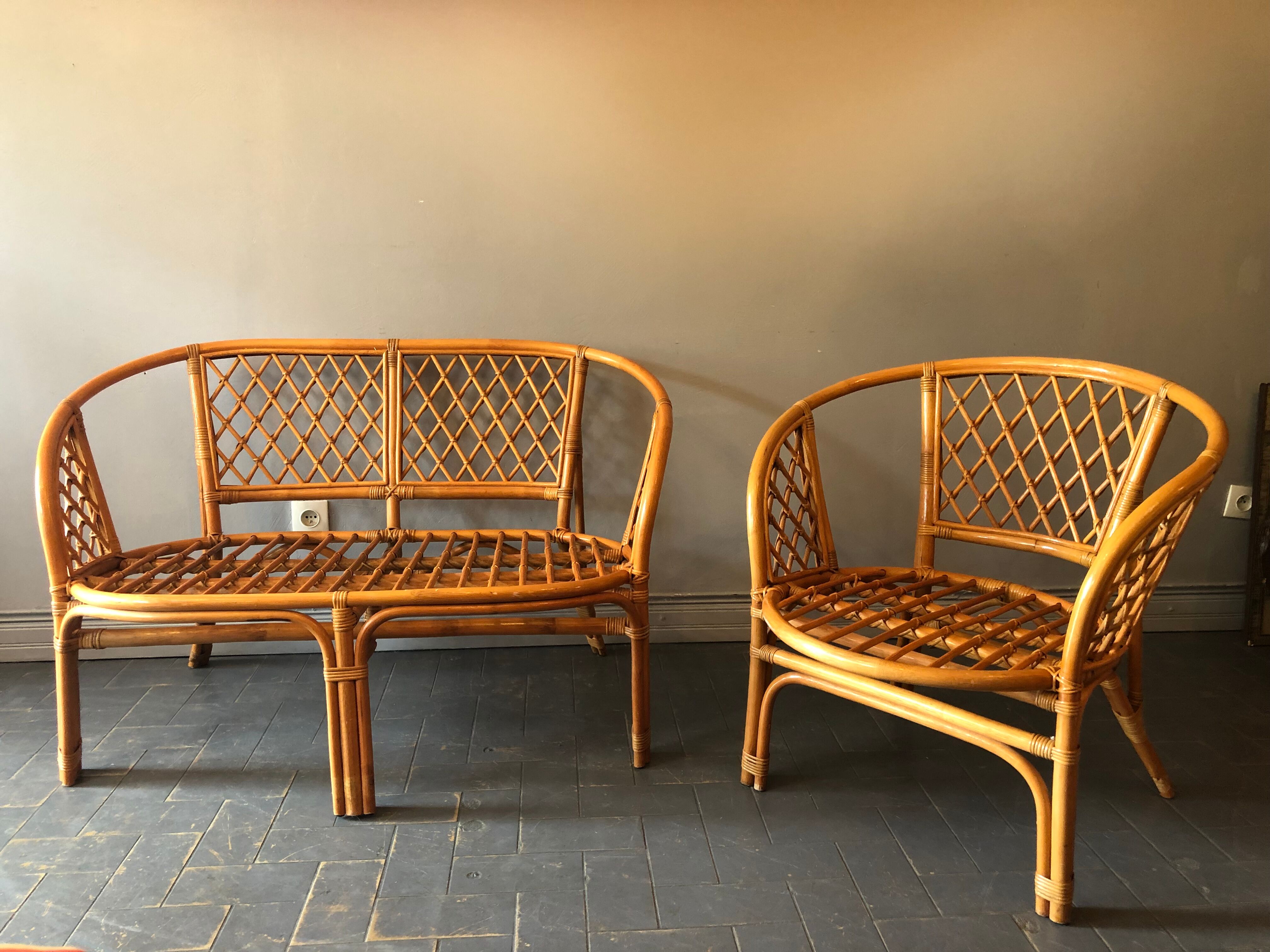 Bamboo and rattan bench and armchair