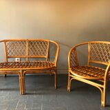 Bamboo and rattan bench and armchair