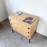 Three-drawer commode ARP — Minvielle, oak and lacquered metal, France, years