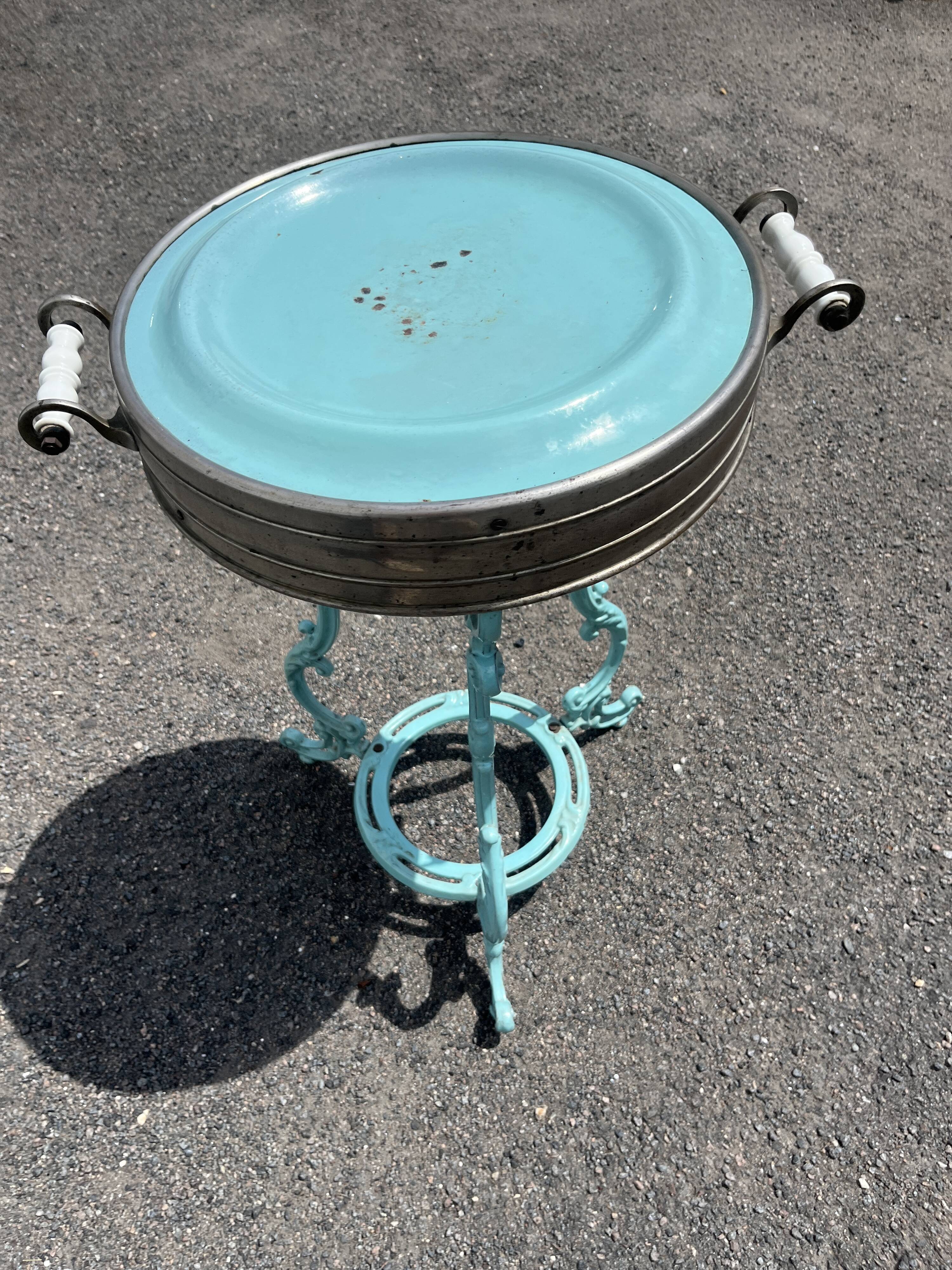 Antique bistro heating table "Le Coquet", enamelled tray, piece by piece.