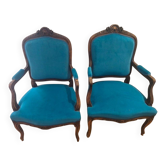 Pair of restored and reupholstered Louis XV cabriolet armchairs.