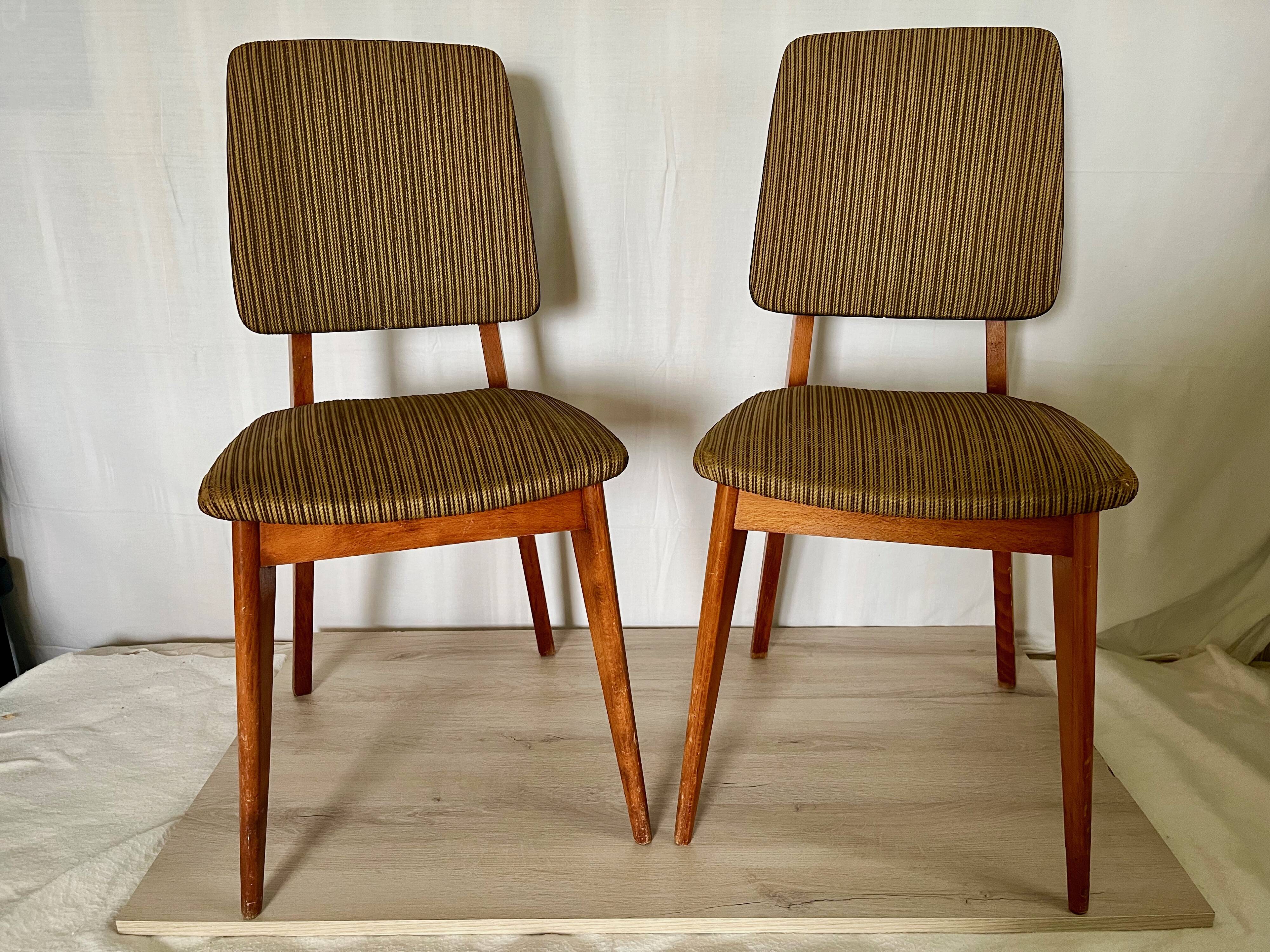 Pair of vintage chairs, in wood & green fabricpair of vintage chairs, in