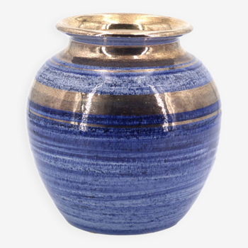 Vase bleu et doré en céramique de Georges Pelletier