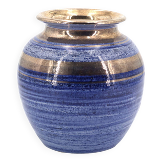 Vase bleu et doré en céramique de Georges Pelletier