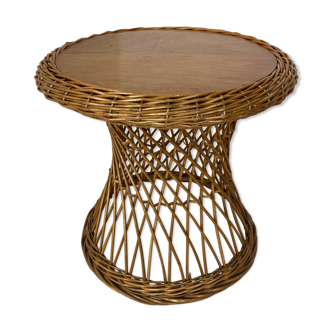 Table d’appoint vintage en rotin et bois, années 1960