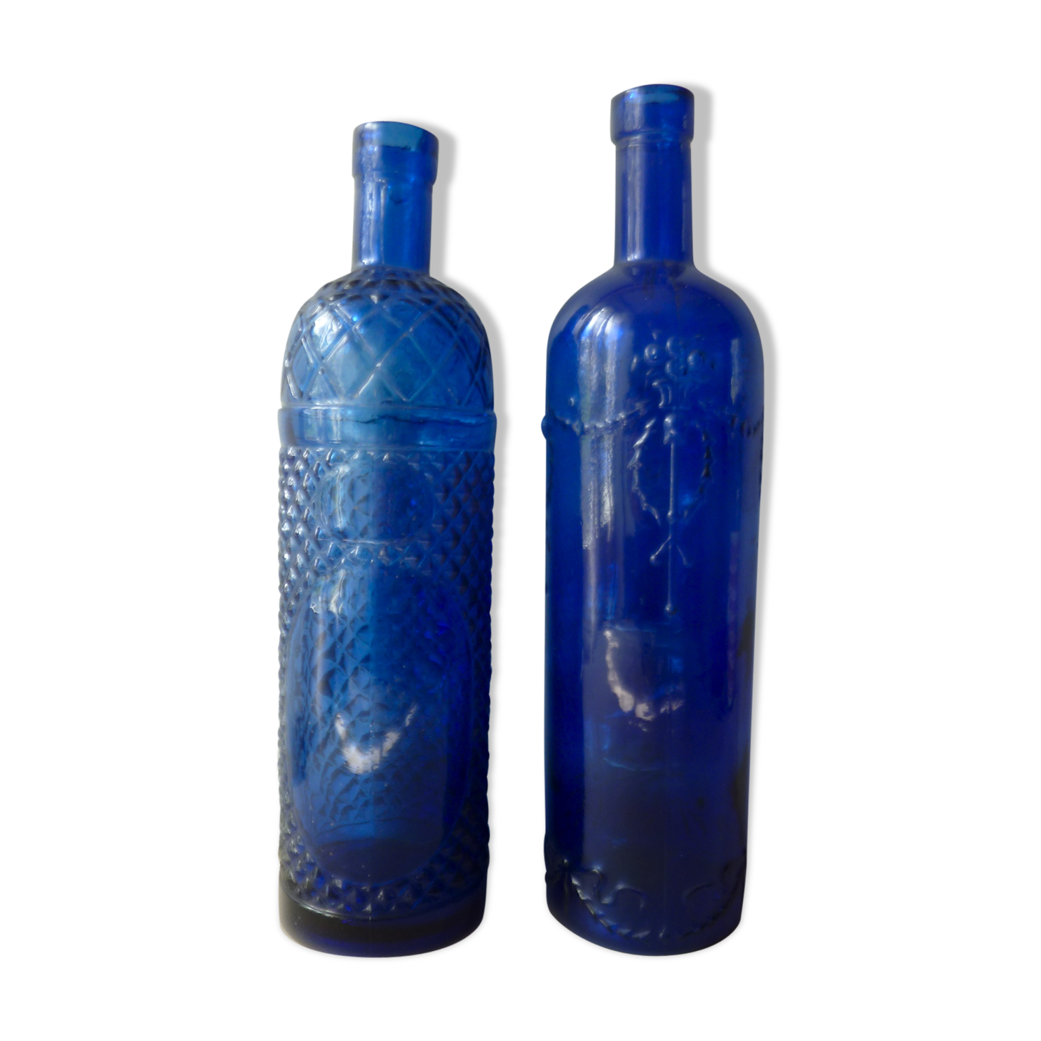Pair of 2 blue glass bottles