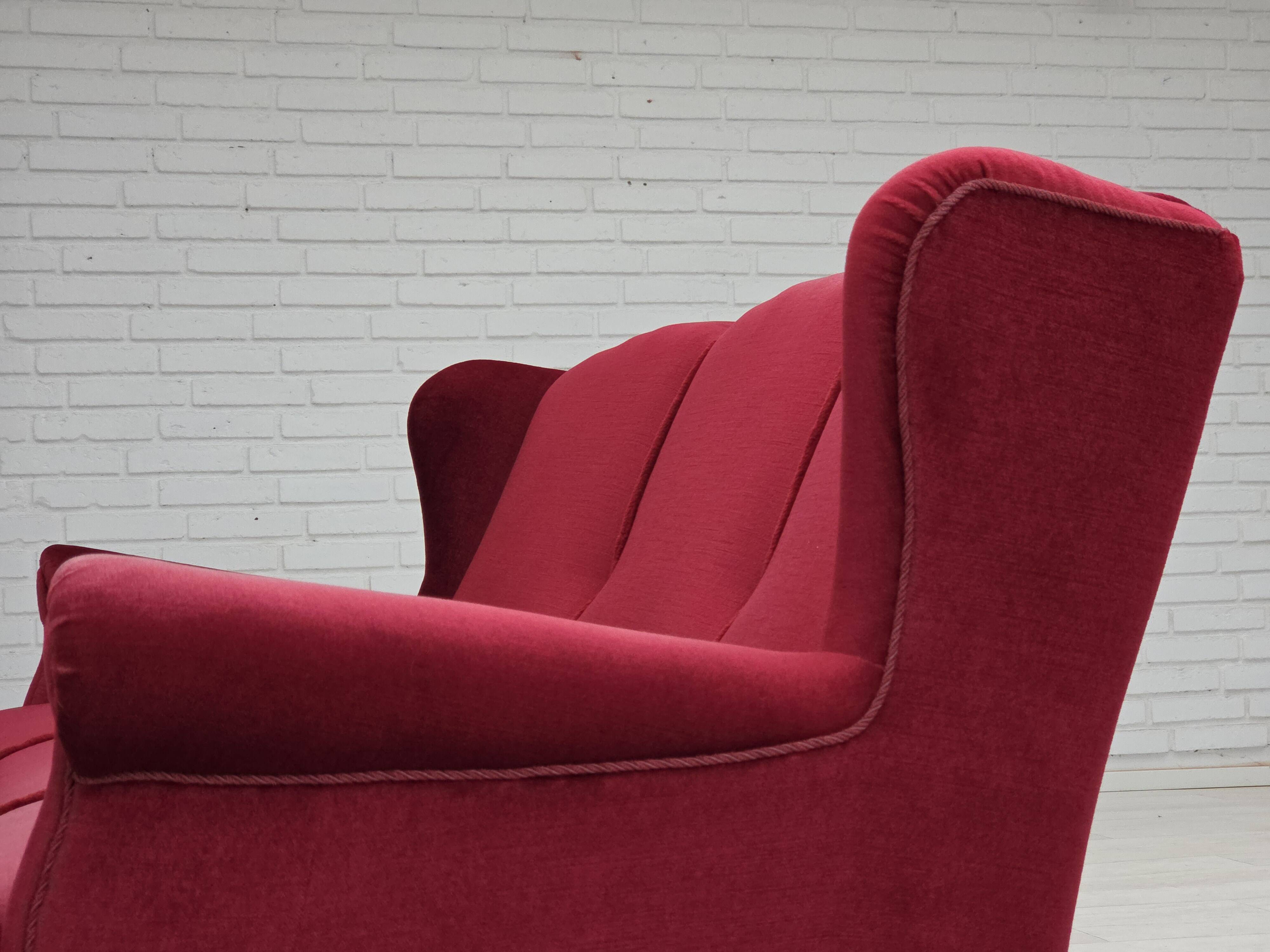 1960s, Danish 3-seater curved sofa, red furniture velour