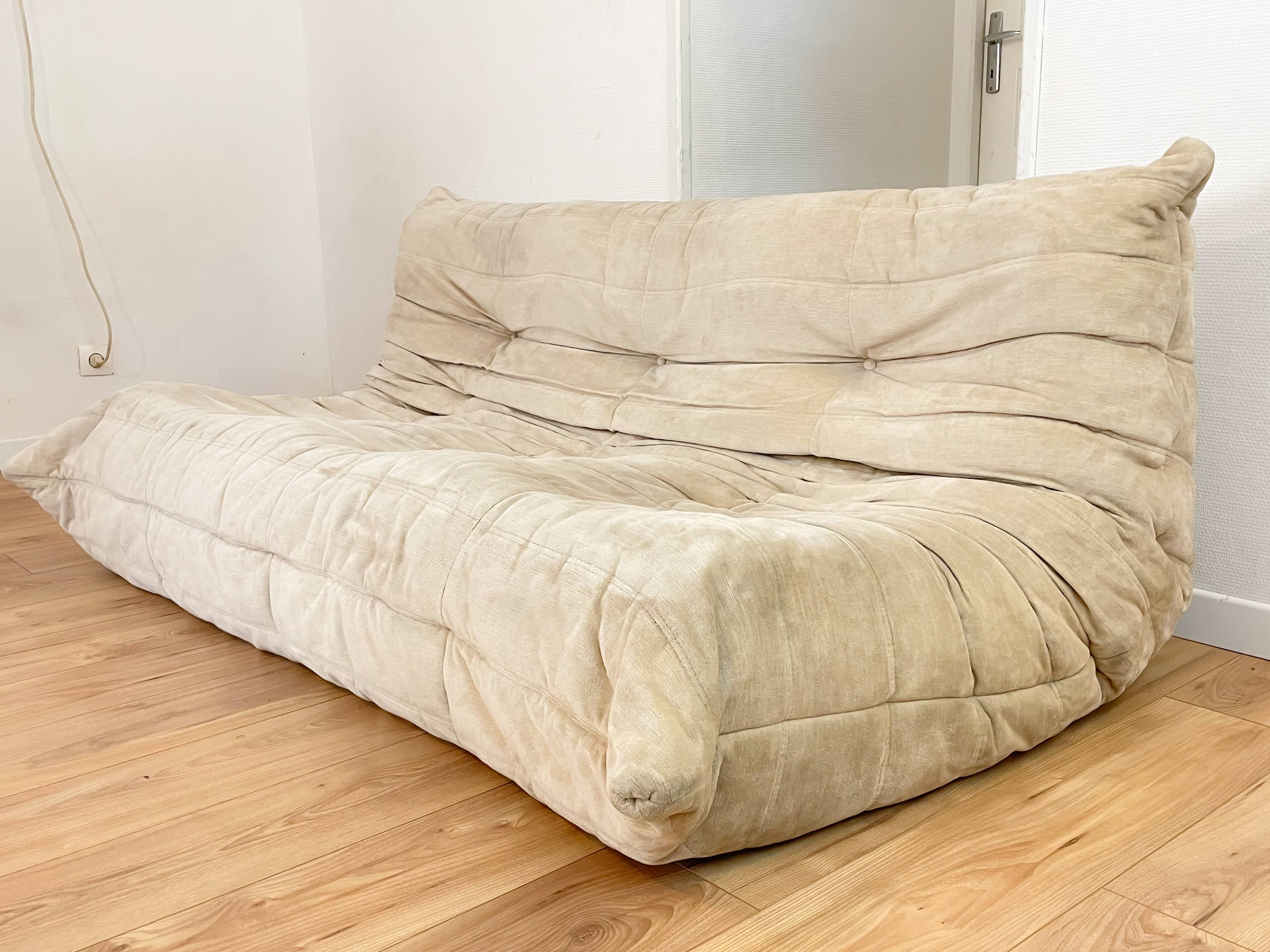 Togo sofa 3 places by Michel Ducaroy in beige velvet