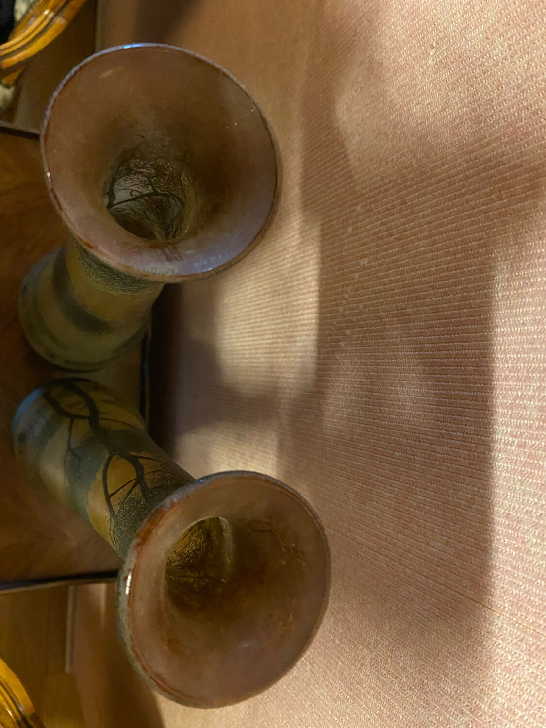 Pair of frosted glass vases, lake scene