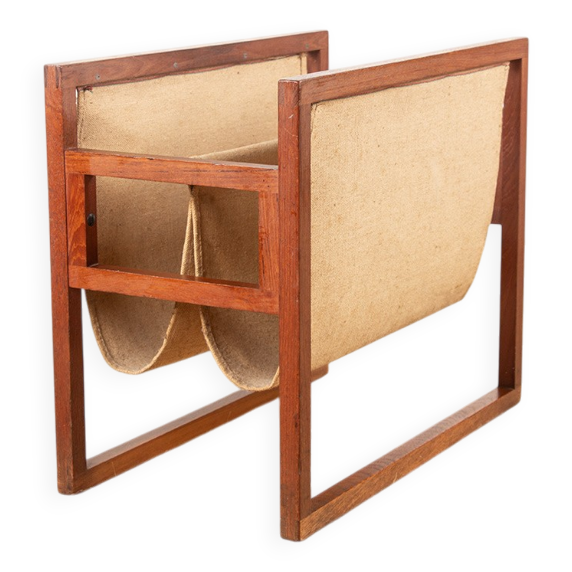 Danish magazine rack in teak and linen by Henning Wind-Hansen for Sika Møbler