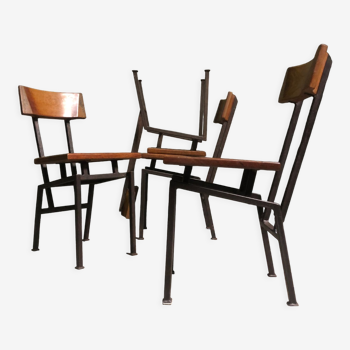 4 brutalist wood & steel side chairs 1960's