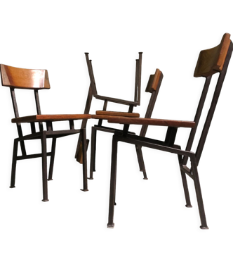 4 chaises d’appoint brutalistes en bois et en acier des années 1960
