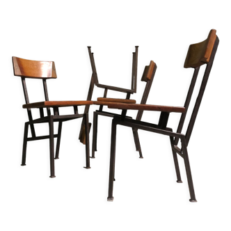 4 brutalist wood & steel side chairs 1960's