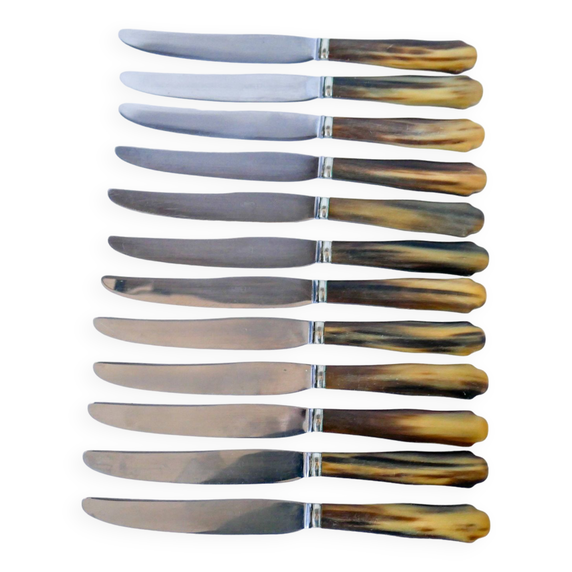 Set of 12 brown and beige marbled horn knives 1960