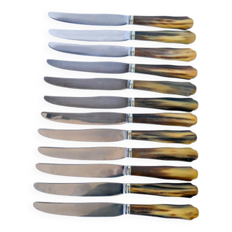 Set of 12 brown and beige marbled horn knives 1960