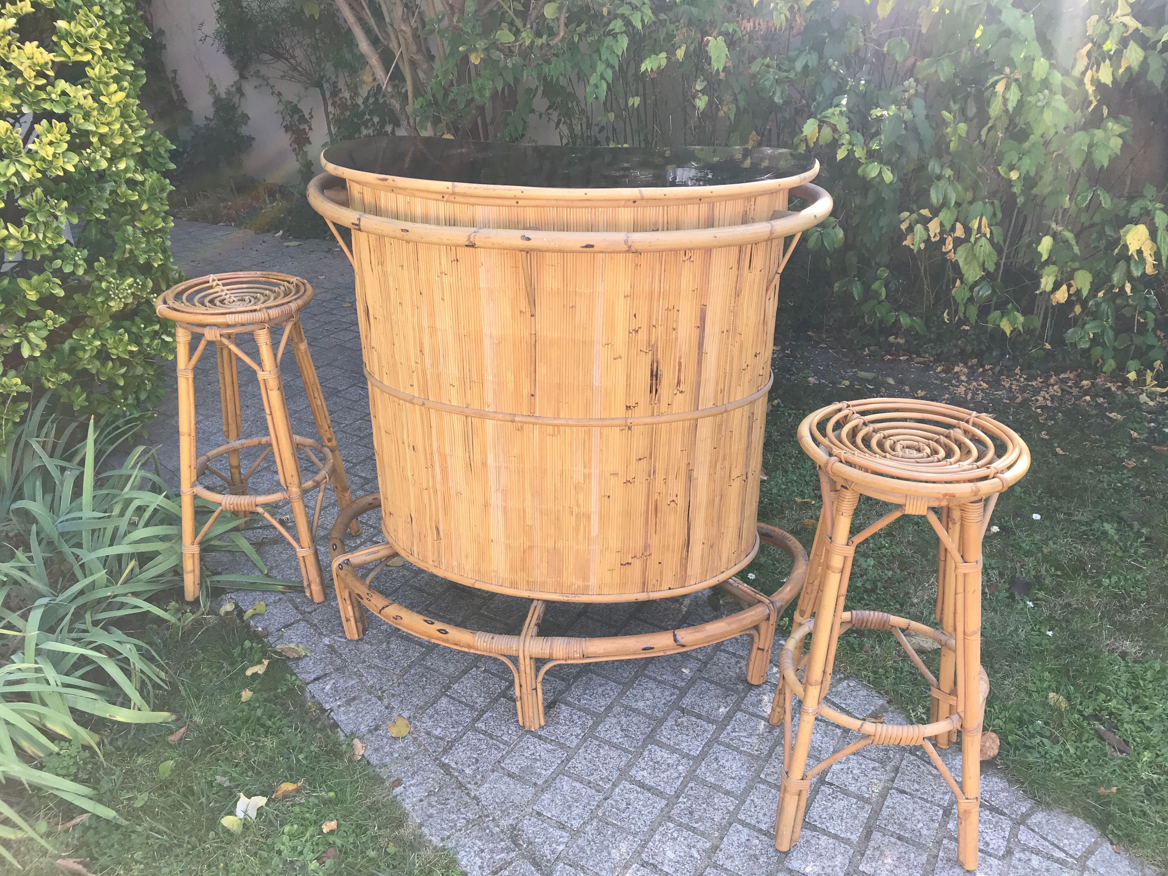 Rattan and bamboo bar & his 2 stools vintage 1950