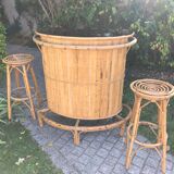 Rattan and bamboo bar & his 2 stools vintage 1950