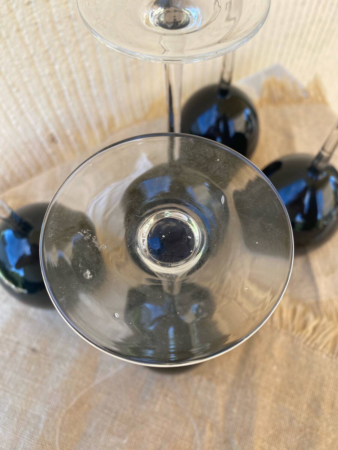 Footed glasses in blown purple bubble glass, Murano style.