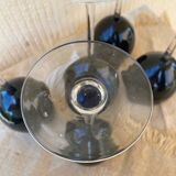 Footed glasses in blown purple bubble glass, Murano style.