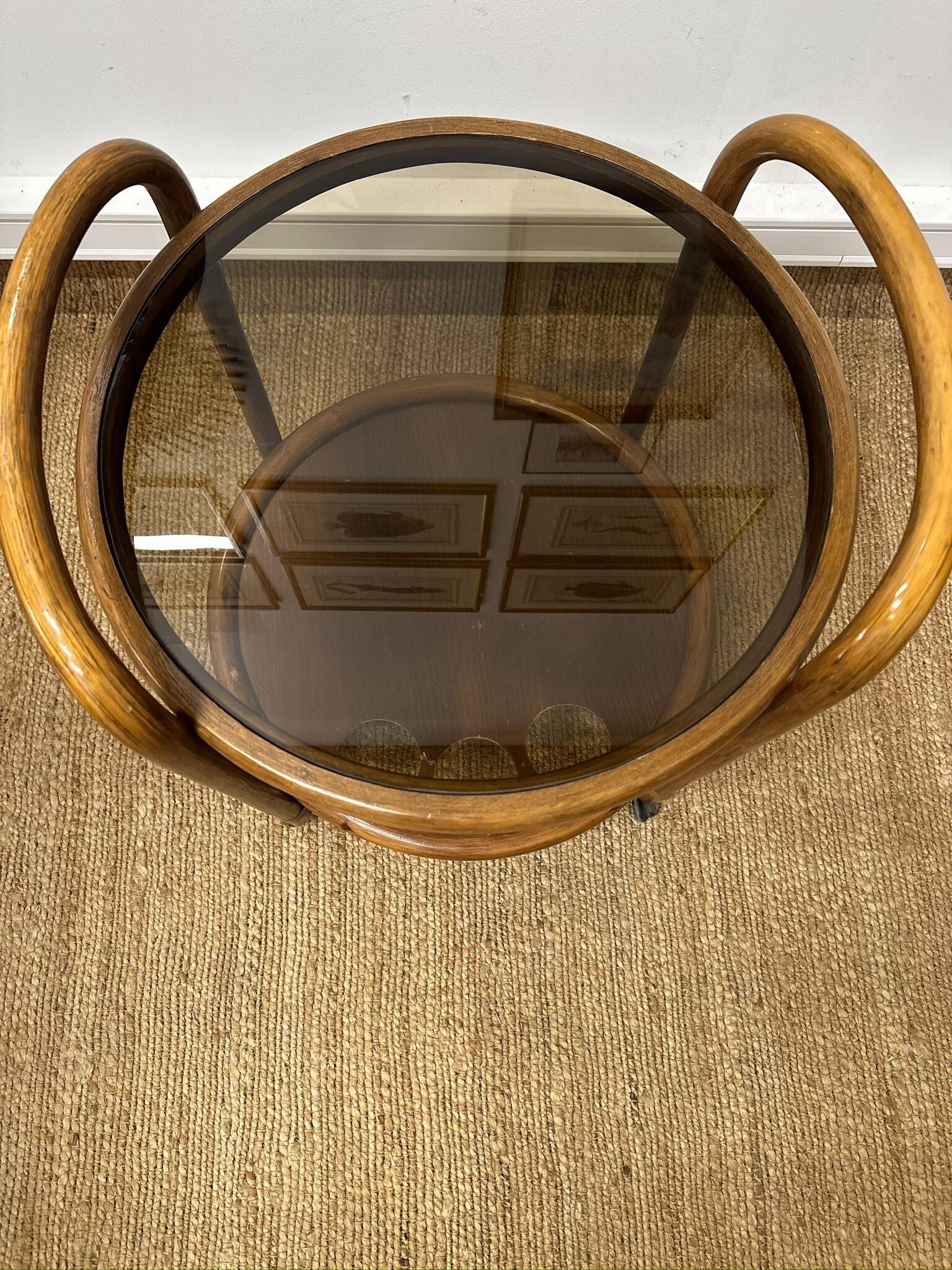 Vintage curved wooden rolling dessert trolley – smoked glass top
