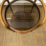 Vintage curved wooden rolling dessert trolley – smoked glass top