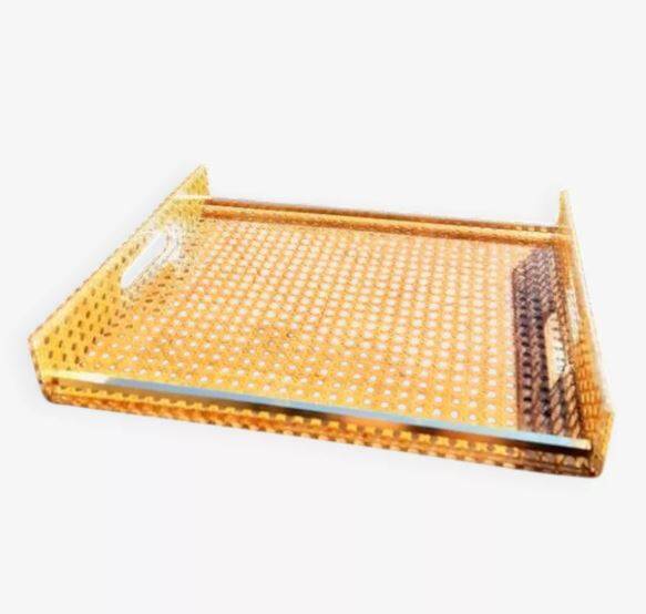 Cane work plateau, lucite and brass 1980