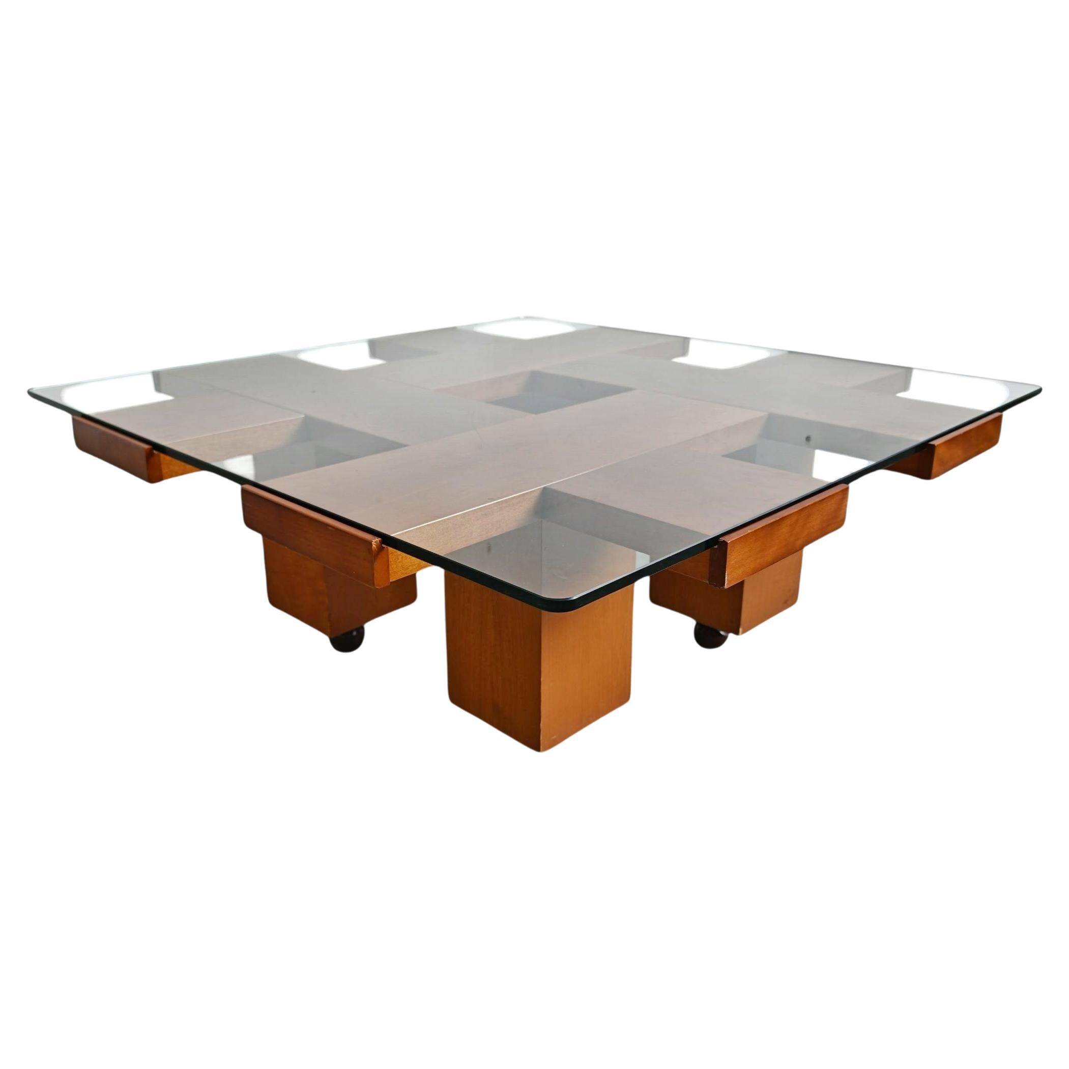 Mid Century Modern coffee table in elm wood with grid pattern by Marco Zanuso.