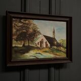 Huile sur toile XXe représentant une église bretonne par Guimard