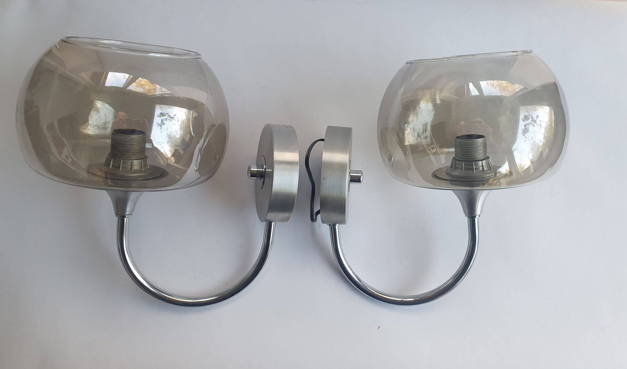 Pair of 1980s chrome metal and smoked glass wall lights