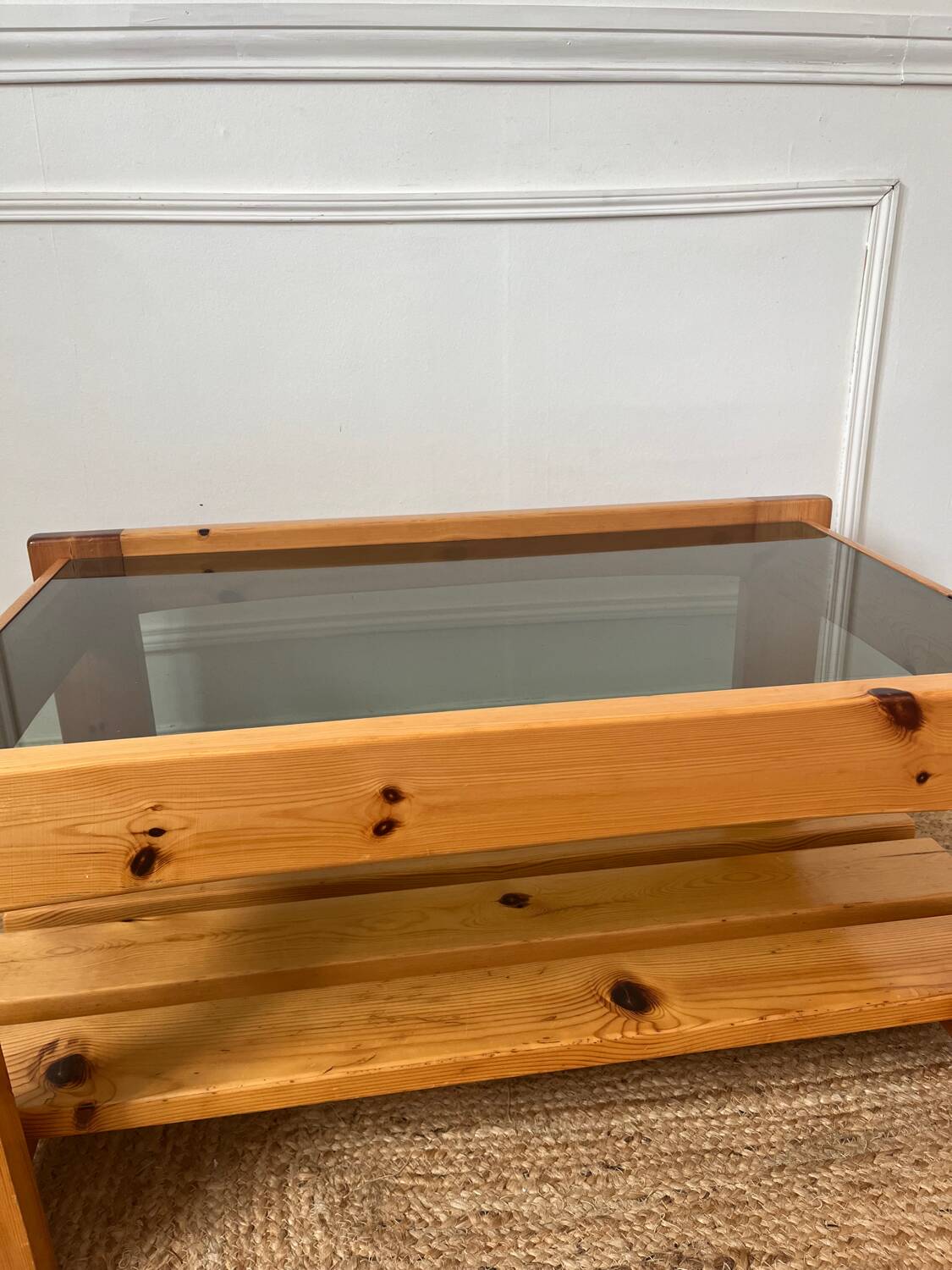 Pine and smoked glass coffee table, 70s-80s