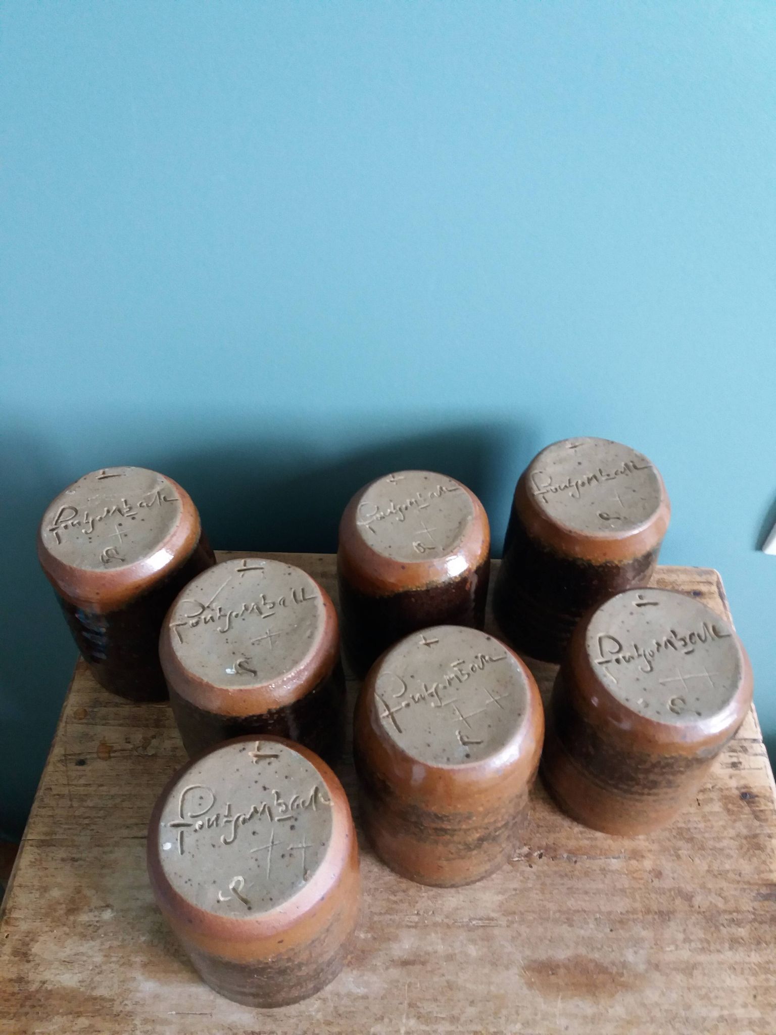 Handcrafted stoneware glass cups, signed, Fontgombault Abbey