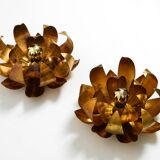 Pair of 70's gilded floral Regency wall or ceiling lamp with large leaves