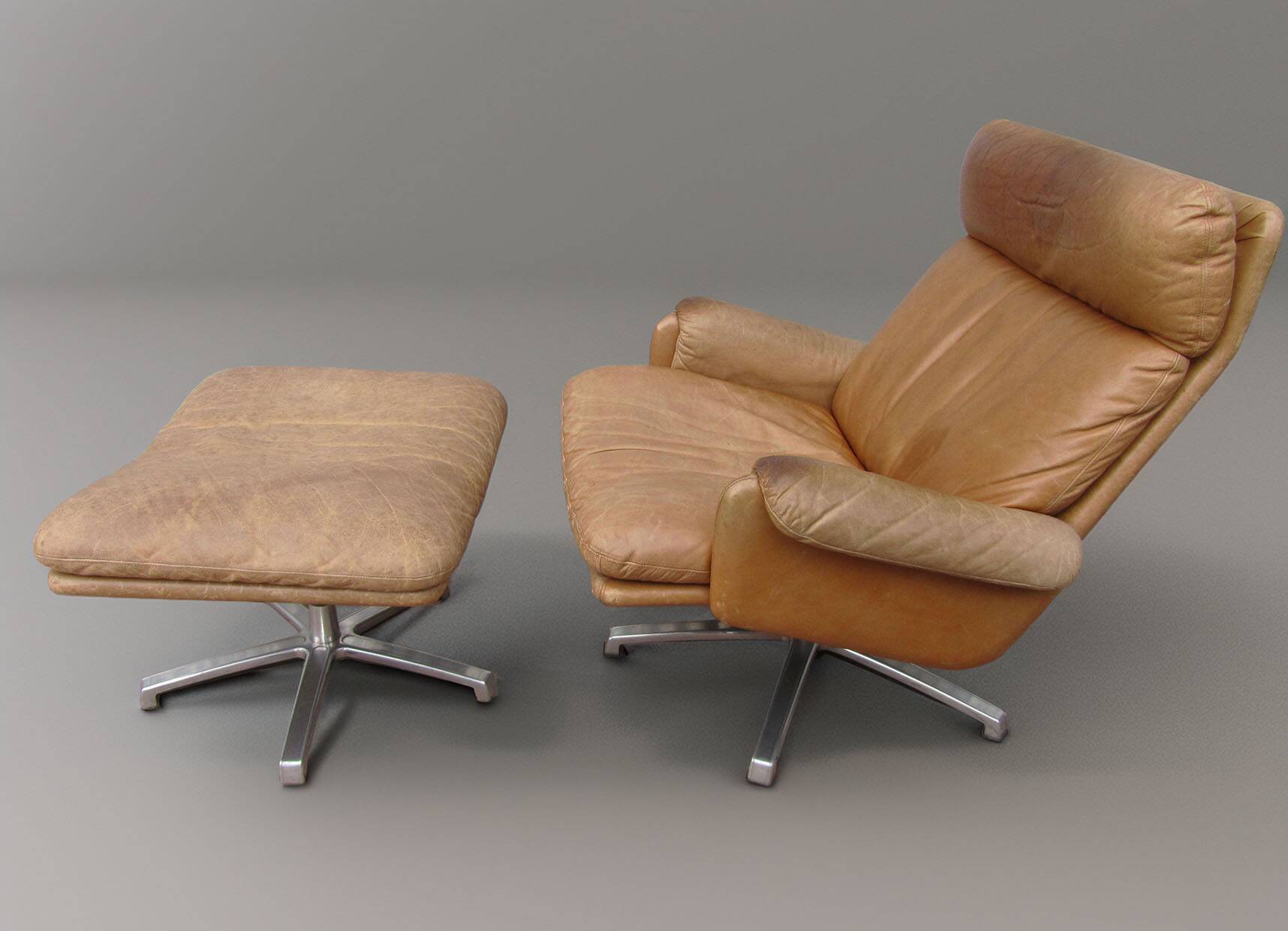 Mid-century vintage high back leather Swivel Armchair with Ottoman, 1970s