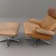 Mid-century vintage high back leather Swivel Armchair with Ottoman, 1970s