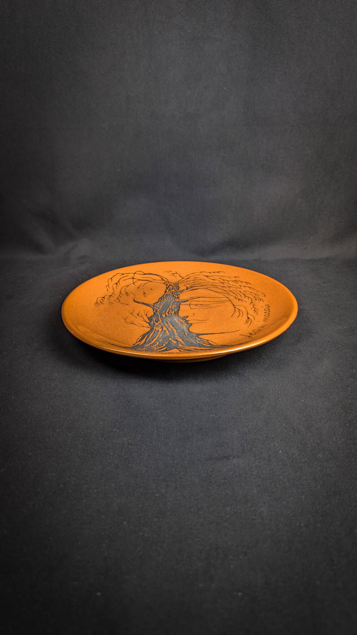 Glazed ceramic plate signed Jean Marais face & tree Vallauris