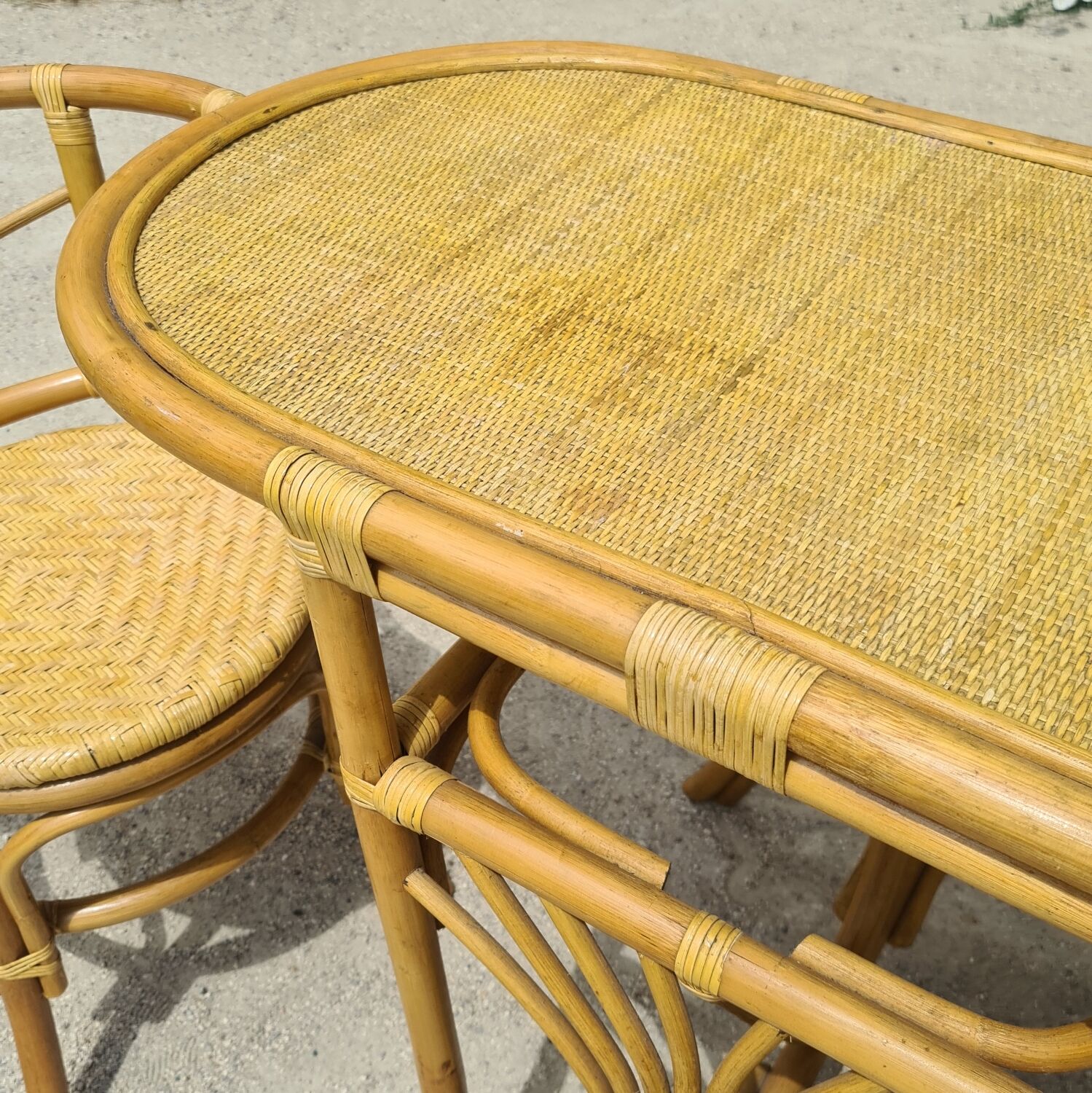 Table and chairs bistrot head to head rattan bamboo 1970