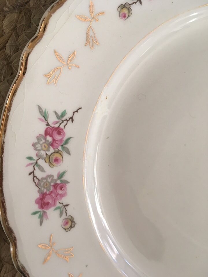Six flat plates with flowers
