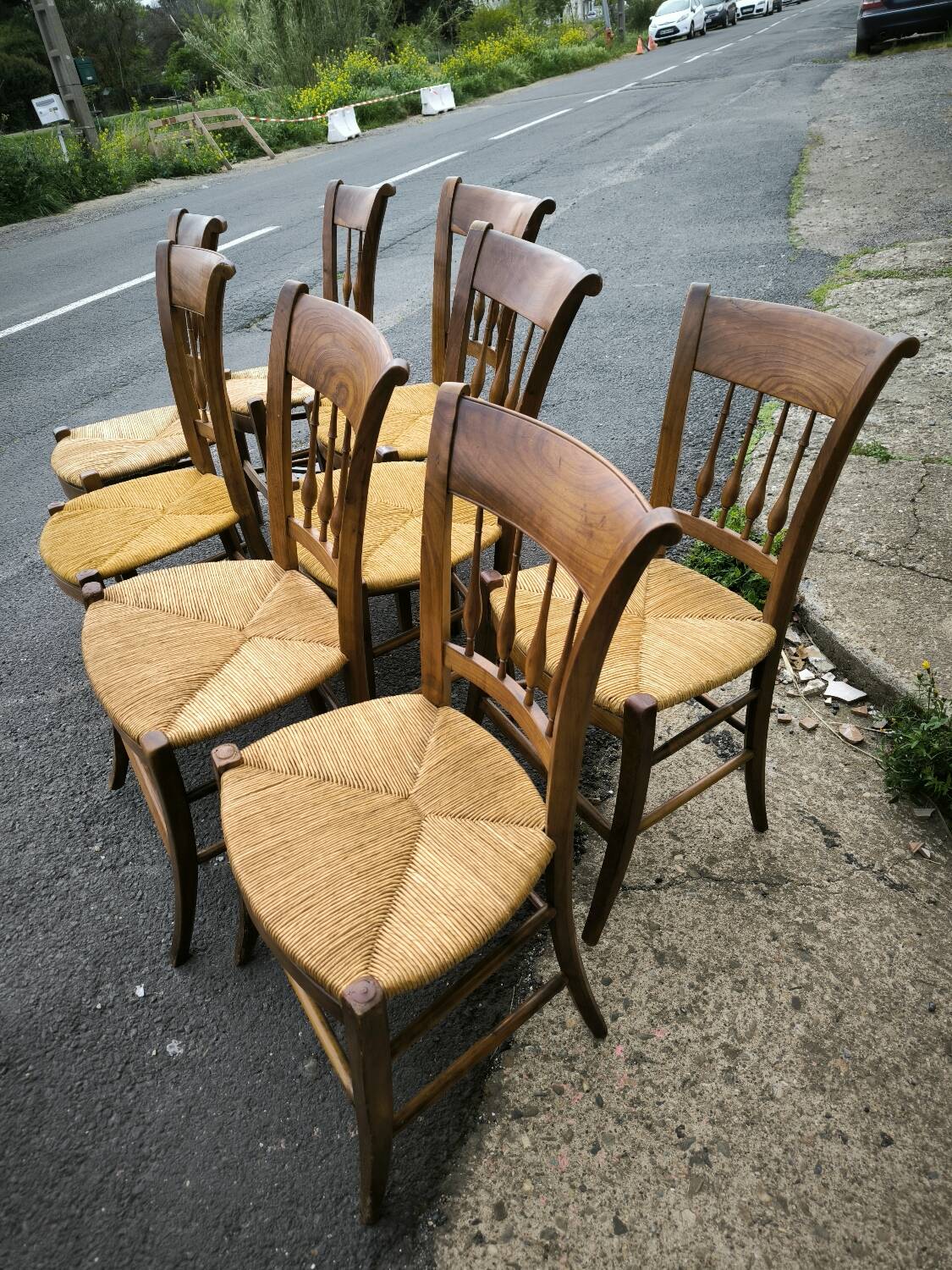 Set of 8 solid cherrywood chairs with straw seats, Directoire period