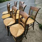 Set of 8 solid cherrywood chairs with straw seats, Directoire period