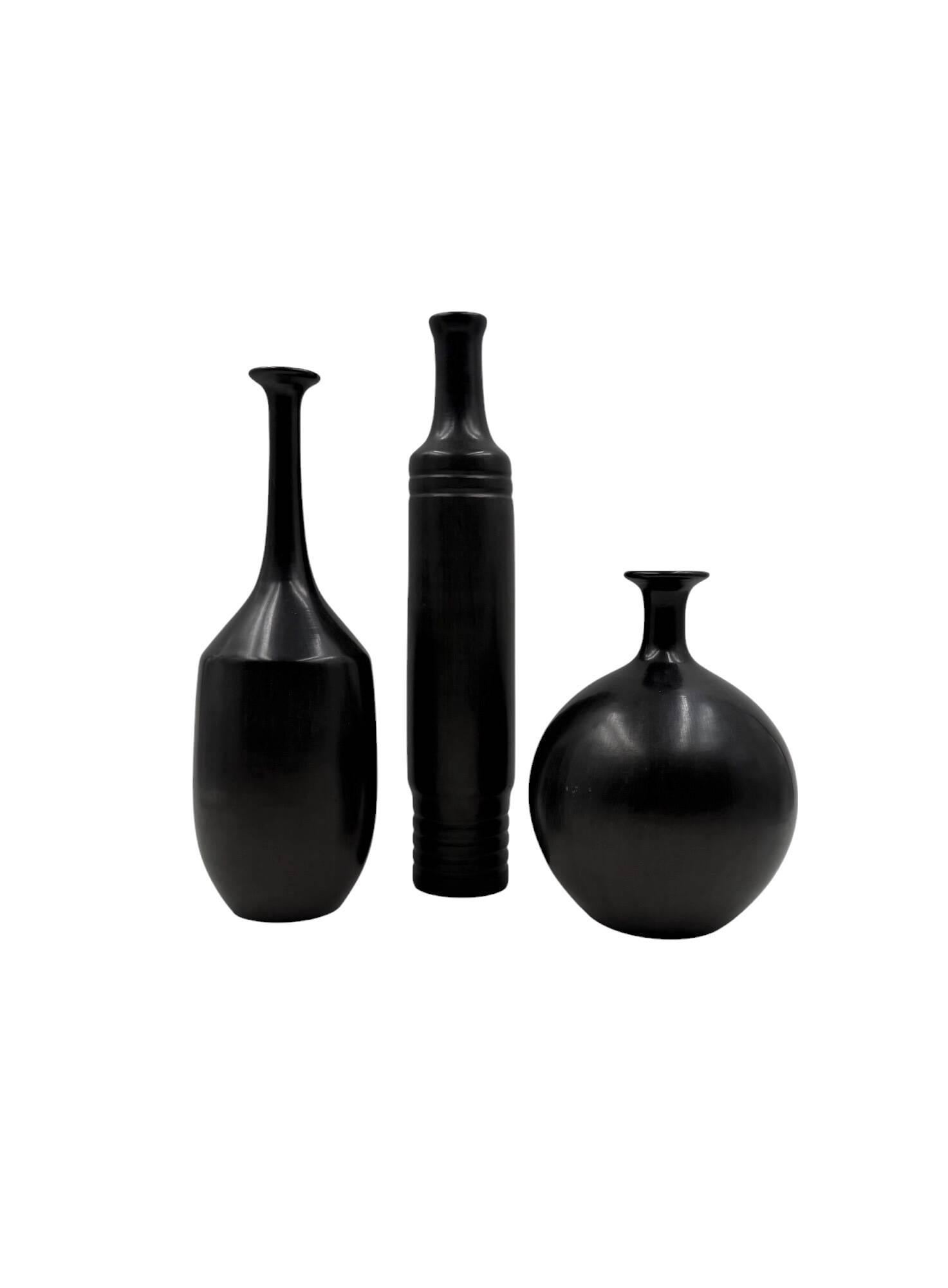 Mid-century set of 3 black bucchero ceramic vases, Sebastiani Italy 1960s