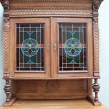 Henri II style double body in worked oak, original leaded stained glass windows