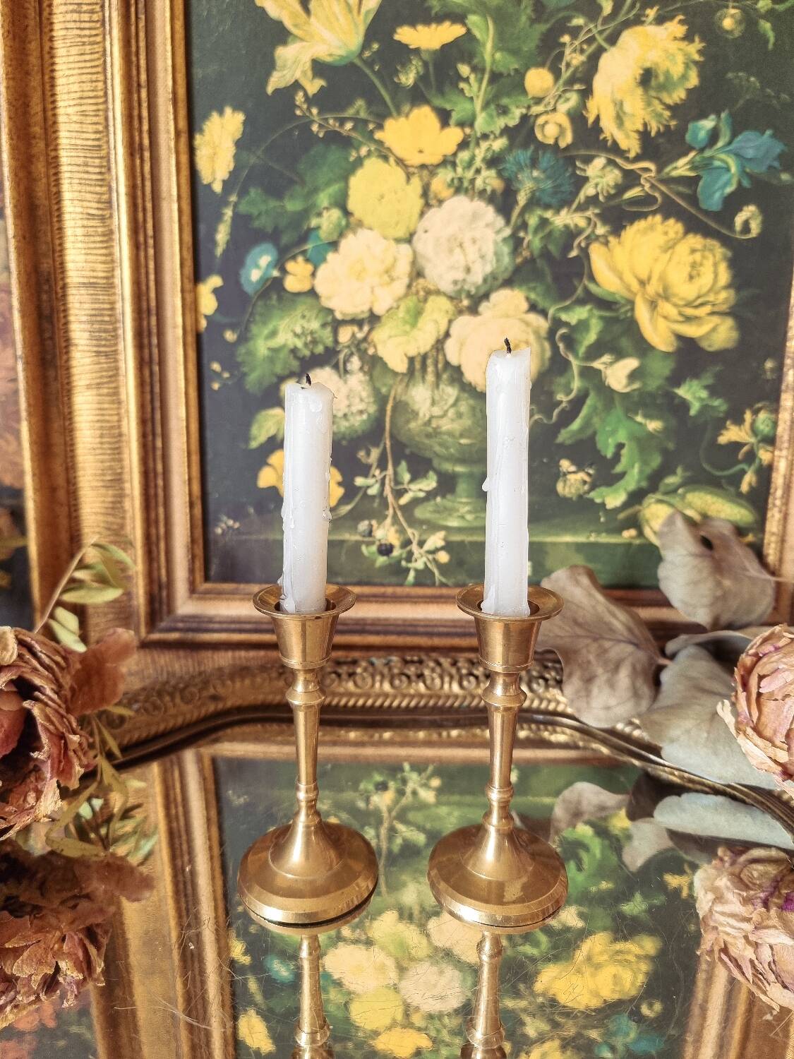 Duo of small brass candlesticks