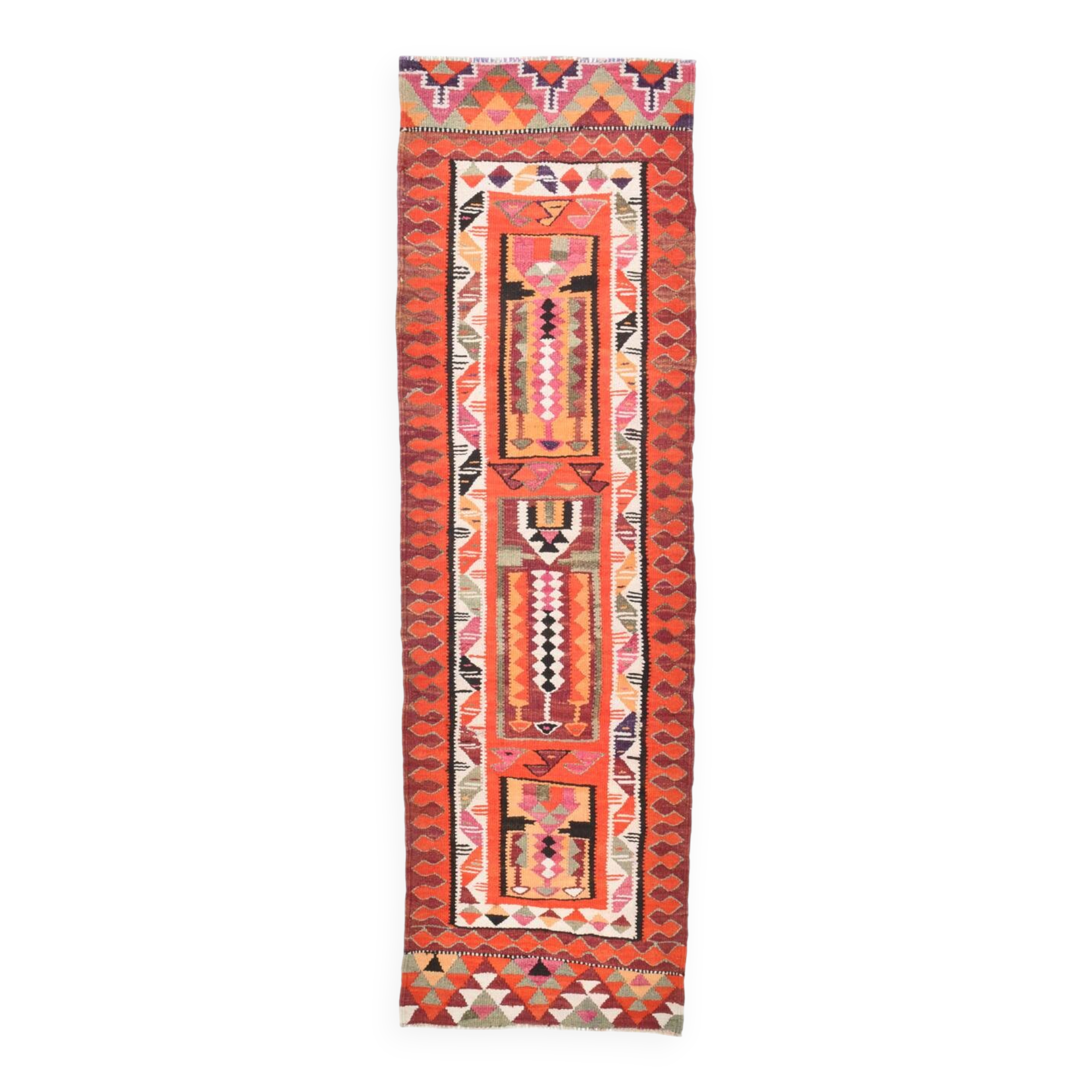 Tapis de couloir tribal kilim géométrique orange et rose