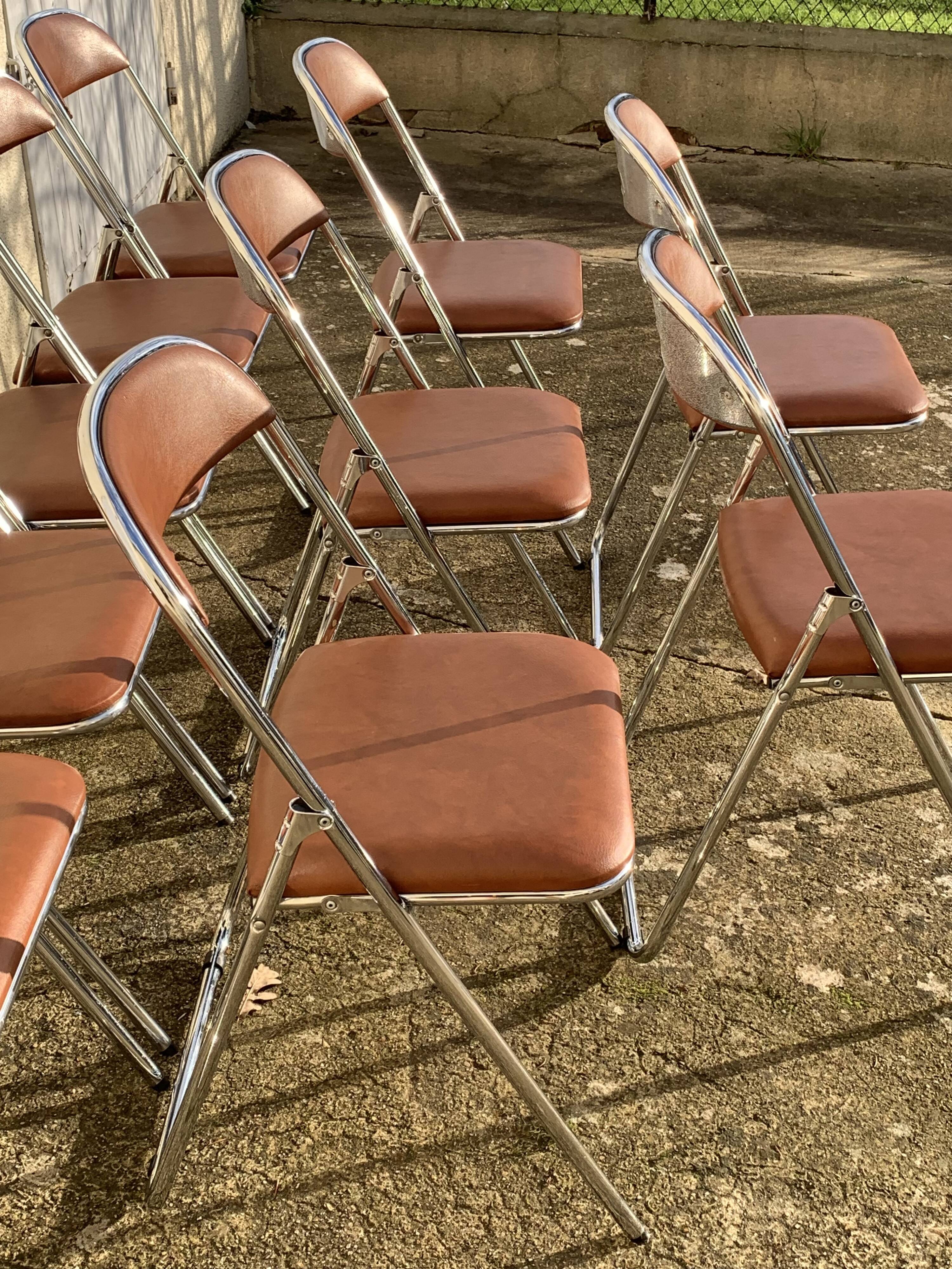 10 vintage skai and chrome metal folding chairs 1970