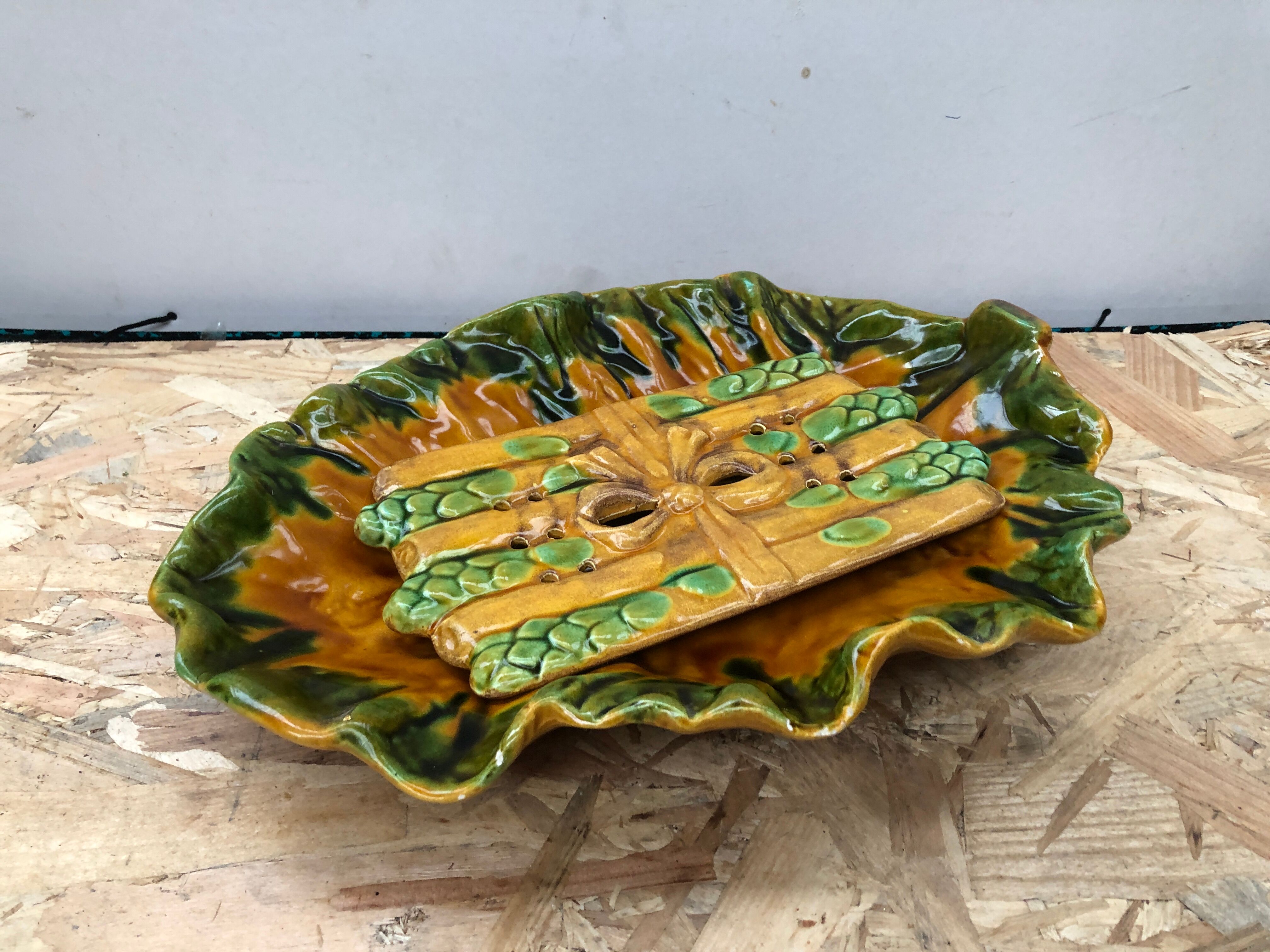 Old asparagus dish vallauris d.m. ceramic green & yellow vintage