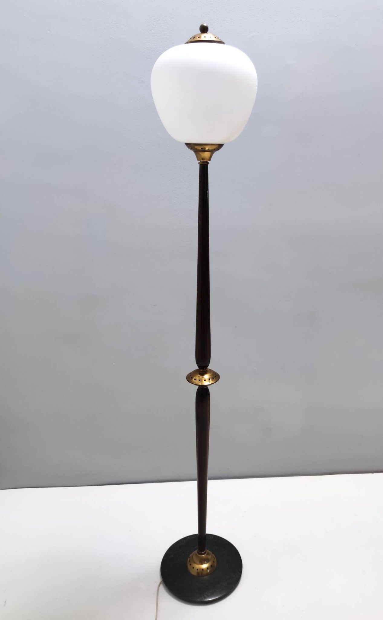 Opaline Glass, Beech and Brass Floor Lamp with Marble Base, Italy